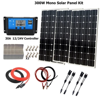 

300W Solar Panel Kit:3 x 100W Mono Solar Panel W/ PWM 30A LCD Solar Controller for 12V battery Off Grid Solar System for RV home