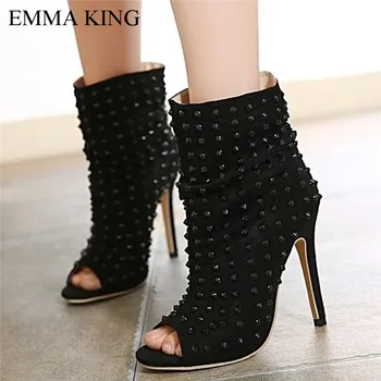 

EMMA KING Black Rivet Party Womens Sandals Nightculb Dancing Shoes Pump Toes Cover Heel Size 35-43 Thin High Heel Ankle Fashion