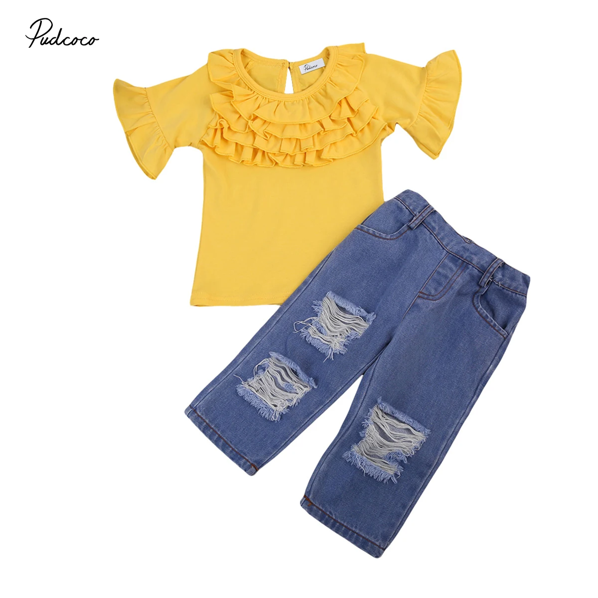 

2pcs Kids Baby Girls Clothing Ruffles T-shirt Tops Long Denim Pants Ripped Jeans Outfits Set Clothes Summer Girls Outfits