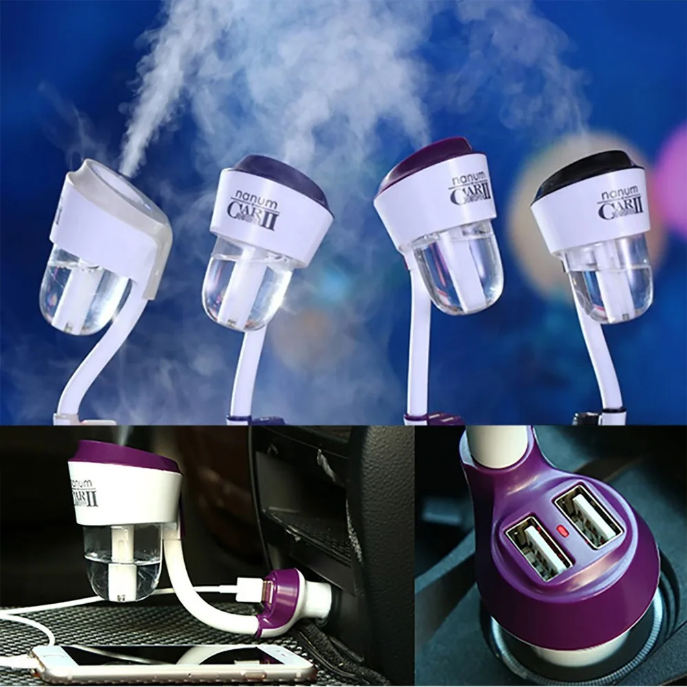 

12V Car Humidifier Upgraded Car Steam Air Purifier Freshener Aroma Diffuser Essential Mist Maker Fogger with 2 USB Charger Port