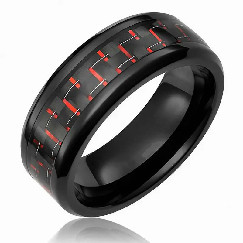 engagement rings Black Tunsten Wedding Band Ring with Black and Red Carbon Fiber inlay