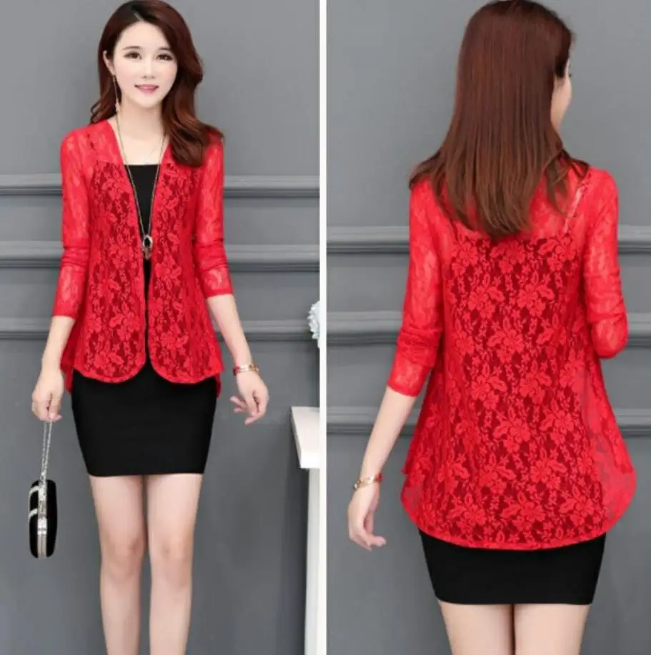 Lace shawl jacket 2019 summer short blouse outside thin section cardigan long sleeve sun protection clothing wild blouse shirt