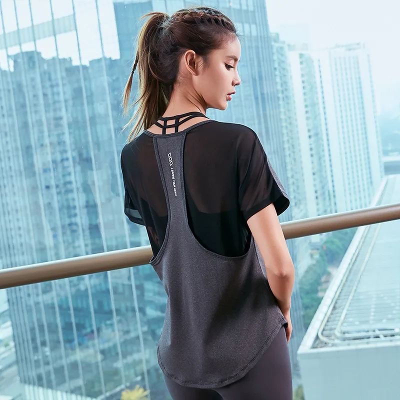 

summer yoga shirts loose short sleeve mesh 2in1 patchwork sweatshirts running jogging casual fitness shirts sports active wear