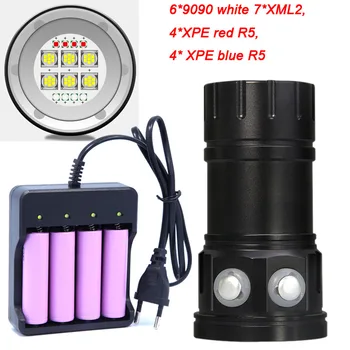 

Diving 6*7*XM-L2 Flashlight 18650 Torch Underwater Photography Lights Video Lamp White Red Blue LED Scuba Photo Fill lighting