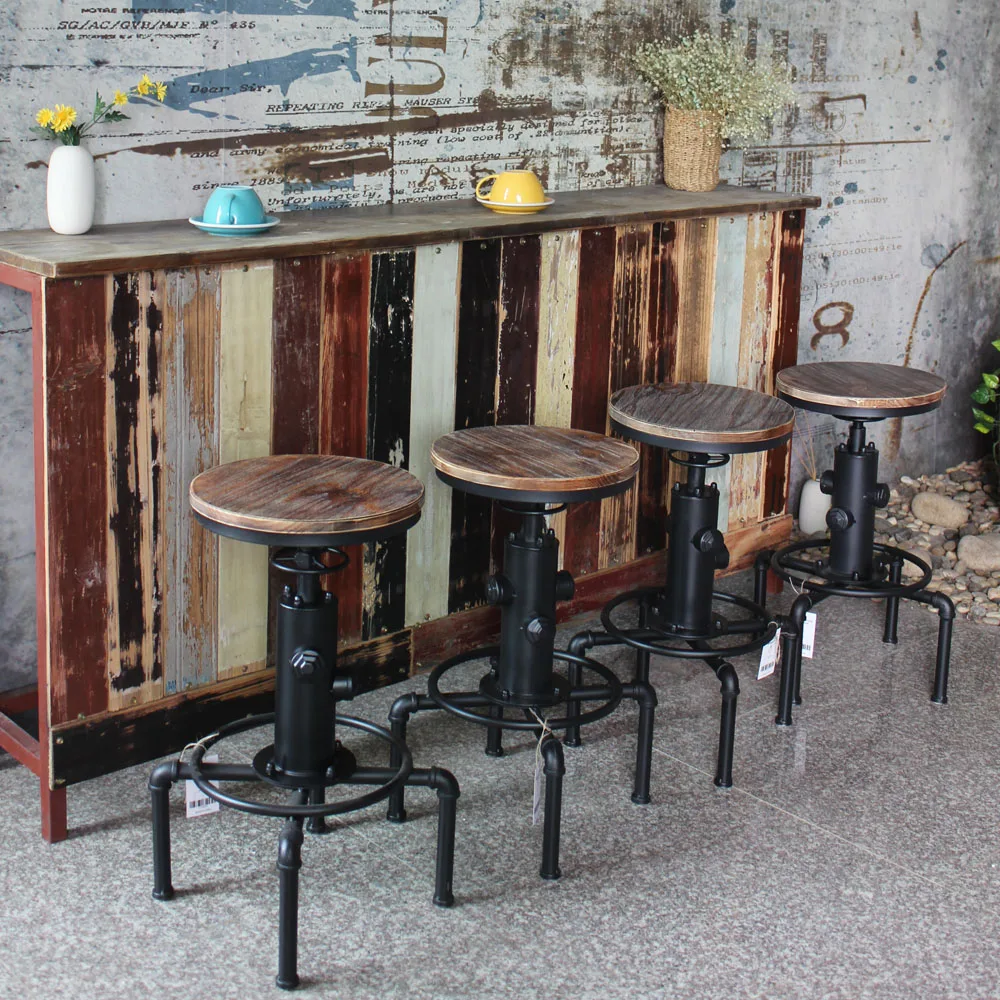iKayaa Metal Industrial Bar Chairs Height Adjustable Swivel Pinewood Top Kitchen Dining Chair Pipe Style Barstool Bar Chairs