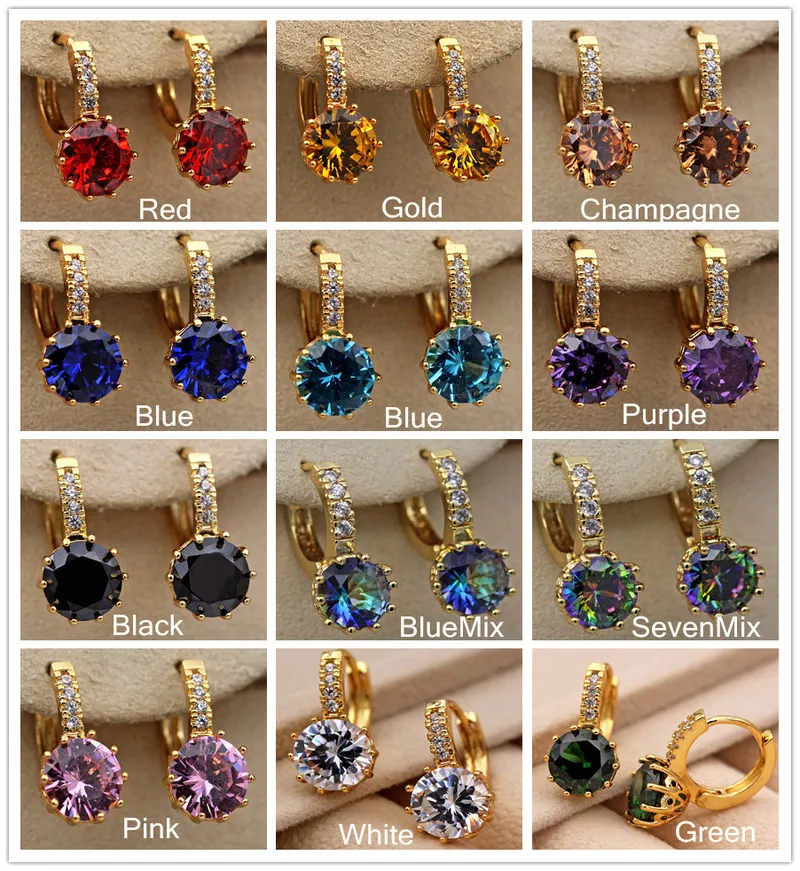

New Fashion Jewelry Yellow Gold Filled 9mm Hollow Crown Round Rainbow Purple Red Green Party Women Earrings 10 Colors to Pick