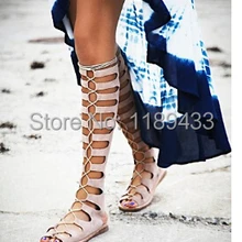 Высококачественные открытые женские сандалии с плоской подошвой и элегантной шнуровкой до колена для летних вечеринок и свадьбы 2 цвета