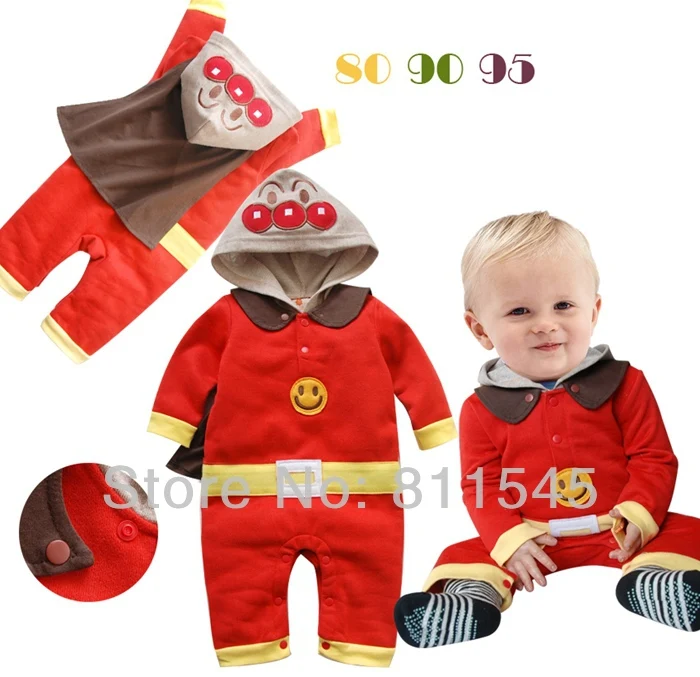 Orange Boys Jumpsuit Anpanman Costume Cartoon Baby Rompers with Cloack Kid Body Children's