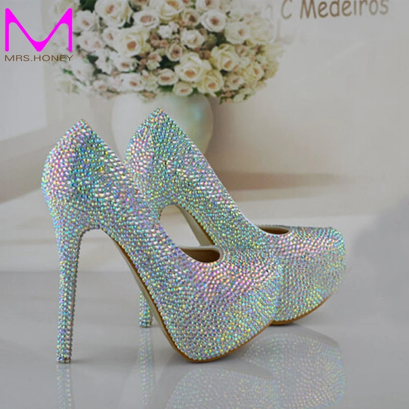 Size 34-43 Wedding Bridal Shoes AB Crystal Bling Bling Cinderella Shoes Amazing Bridal High Heels Prom Evening Party Pumps