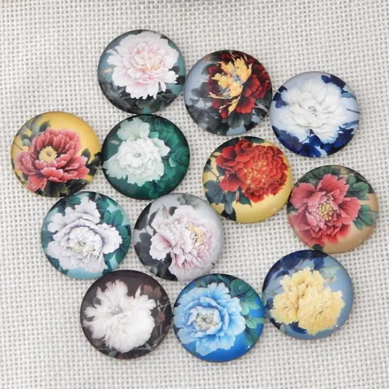100 pieces peony DIY Round Glass Beads Cabochon Domes Flat back Glass