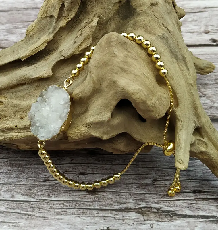 

YA3910 Natural Druzy Stone Gold Chain Tennis Adjustable Bracelet