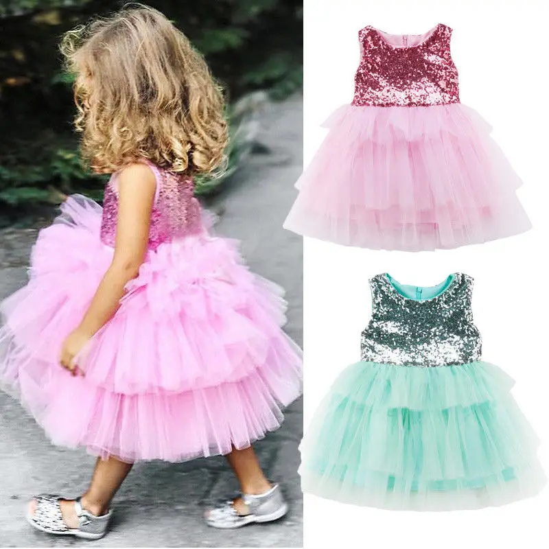 

2019 Summer Baby Dress Elegant Fashion Baby Girls Sleeveless Sequin Tulle Pageant Party Formal Bridesmaid Dress Kids Clothes