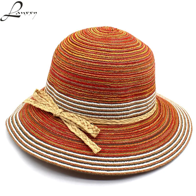 

Lanxxy 2018 New Vintage Straw Sun Hats for Women Summer Outdoor Leisure Headwear Colorful Floppy Beach Hat Chapeau Female Panama