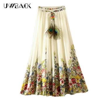 

Uwback Chiffon Floral Skirts for Women 2018 New Summer Women Bohemian Printed Skirt Long Beach Elegant Saias Mujer, EB513