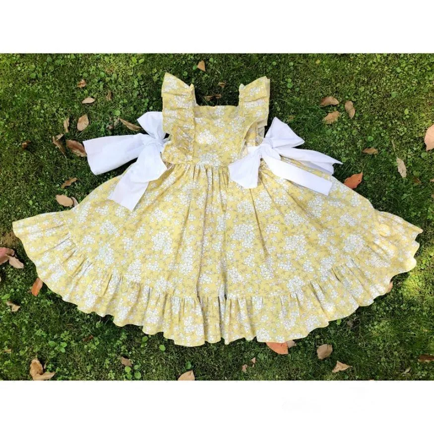 

2019 Summer Spanish Vintage Girl Dress Bow Ruffler Sleeveless Princess Dress Baby Print Cute Dress Kids clothes Vestidos Y1225