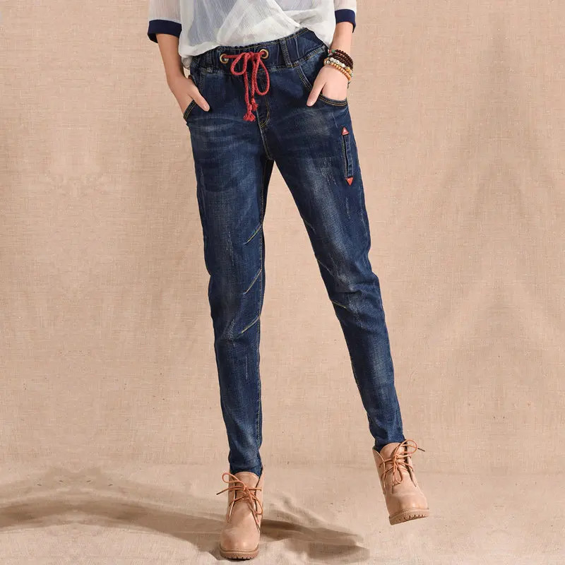 

Free shipping pu leather card top quality 100% cotton Soft and comfortable elastic waist women's jeans