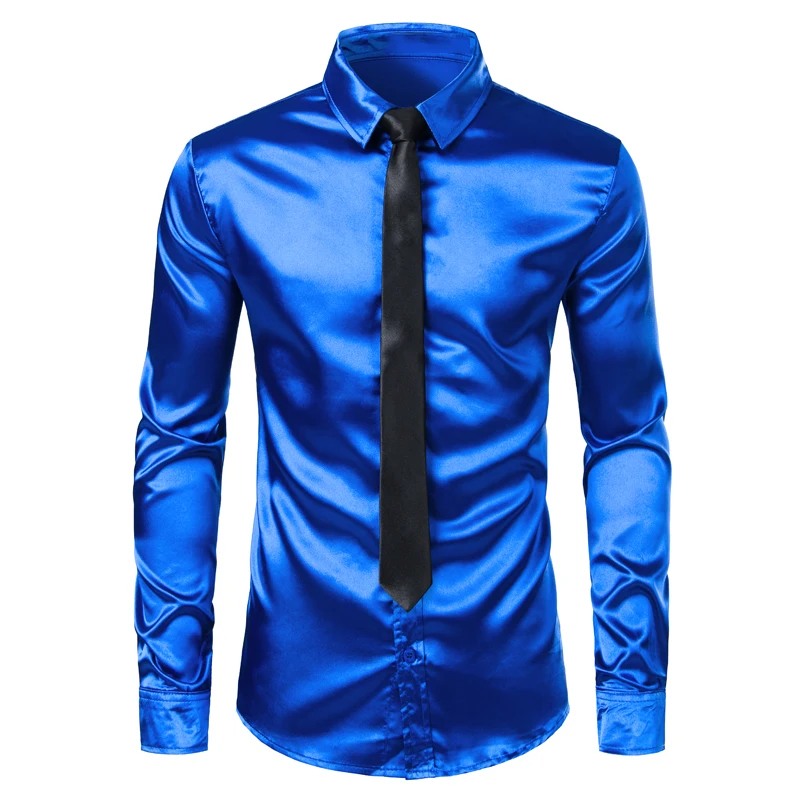 Men's Royal Blue Silk Satin Dress Shirts with White Bowtie New Slim Fit Long Sleeve Men Tuxedo Shirt for Party Wedding 3XL