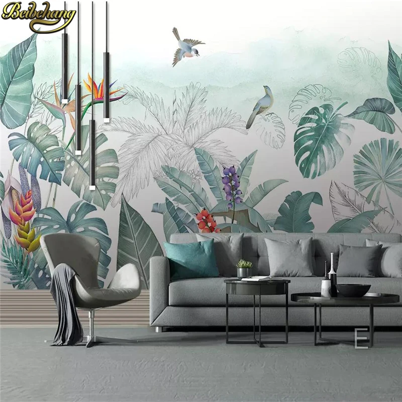 

beibehang custom Nordic small fresh tropical plants flowers birds wall paper TV background 3D murals wallpapers for living room