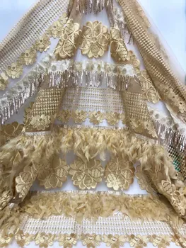 

high quality with feather embroidered net tulle mesh lace/ gold french sequins lace fabrics for wedding dress 5 yards FFY7-19