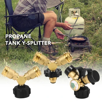 

Propane Tank Y-Splitter Adapter Two Way LPG Adapter Tee Connector QCC1 Tank T Adapter with Gauge for BBQ Grills Camping Stoves