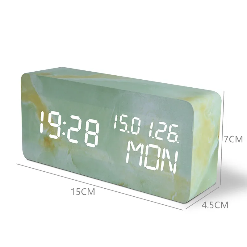 Повтор Многофункциональный светодиодный Будильник мраморные цифровые часы акустическое управление зондирование время ночного стола настольные часы Despertador - Цвет: D-Green stripe
