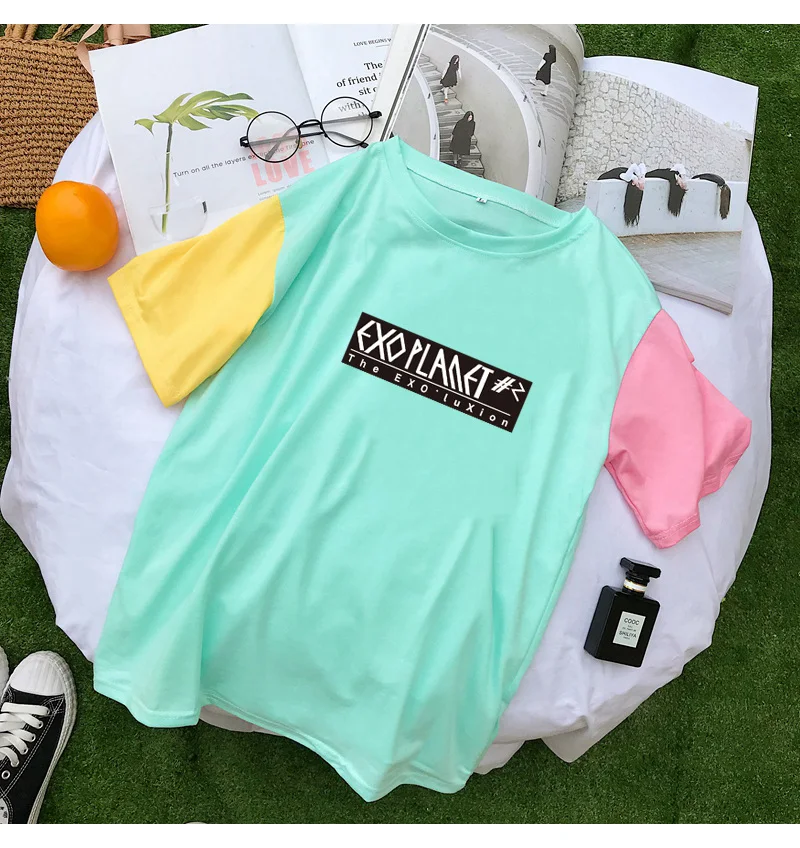Fashion Summer Letter Print T Shirts Women Korean Kpop EXO Tops Tee Shirt Femme Casual Harajuku Multicolor Spliced Cotton Tshirt (1)