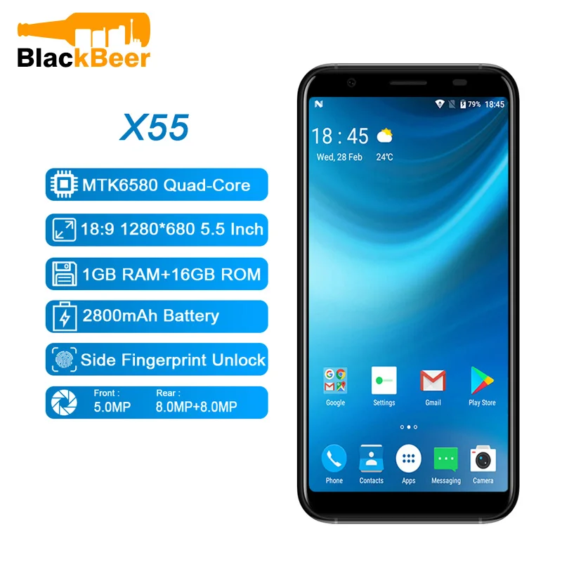 Doogee X55 сторона отпечатков пальцев 18:9 экран 1 Гб 16 3g телефон 5 дюймов 8MP камера Android 7 0