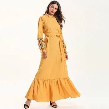

Muslim fashion stand collar long-sleeved ruffled waistband dress print pleated patch yellow ladies robes loose dress