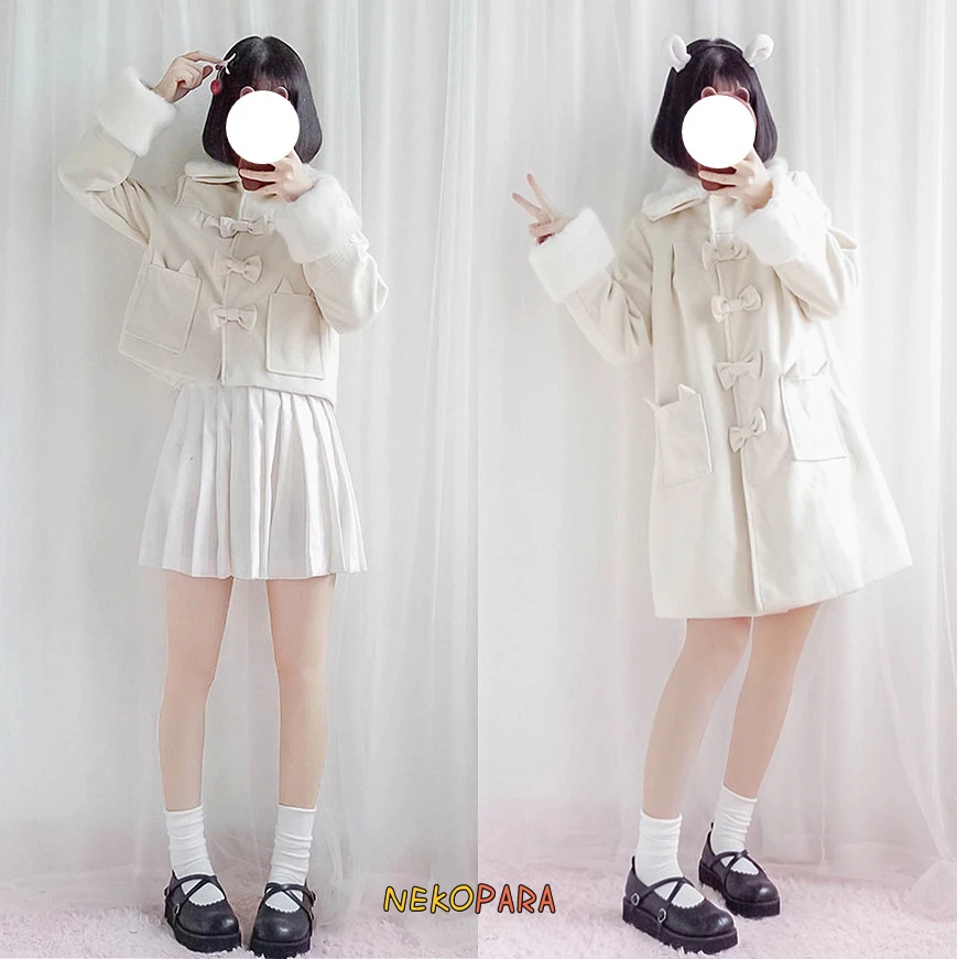 Long Et Hiver Col Mignon Red long Fourrure Outwear White Couleurs Amovible Carré short Poignets Bowknot Lolita Doux Manteau Chaud Type 2 White Chat AwwPT
