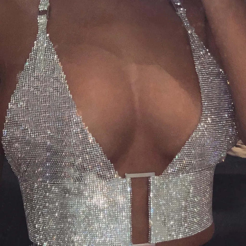 

2019 Summer Womens Sexy Tops Silver Glitter Cropped Tank Top Halter Deep V Neck Backless Shirt Party Club Wear