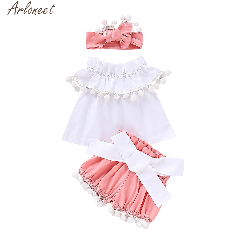 

ARLONEET Infant Baby Girls Sleeveless Ruffles Solid Tops+Tassels Shorts Headband Outfits Soft Hand Feeling 19Apr3 Overalls P35
