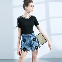 Хлопковая черная футболка с бисером Женская Летняя женская футболка Роскошная футболка с круглым вырезом и бусинами топ с коротким рукавом Короткая дизайнерская футболка