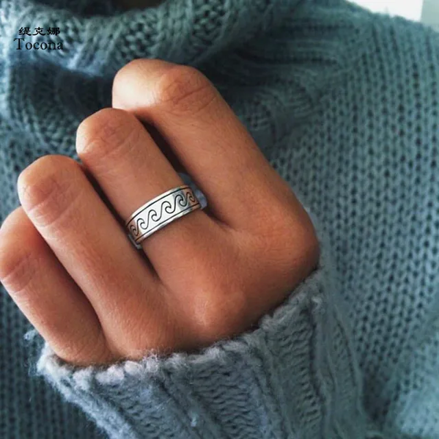 Tocona Bohemian Antique Silver Adjustable Wave Rings for Women Metal Alloy Openi Tocona Bohemian Antique Silver Adjustable Wave Rings for Women Metal Alloy Openi