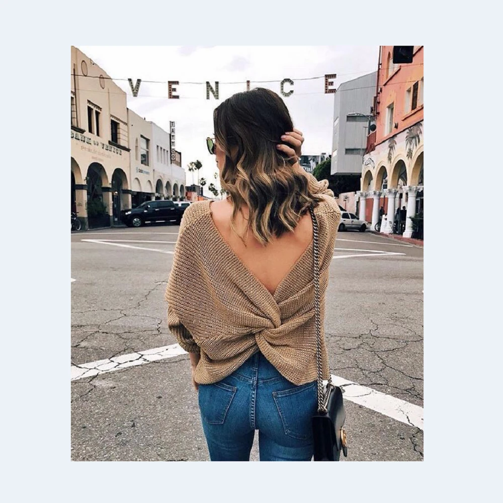 Two Wear V-Neck Knotted Halter Long Sleeve Sweater Women Sexy Twisted Jumpers Pullovers Ladies Tops Knitted Sweaters Pull Femme