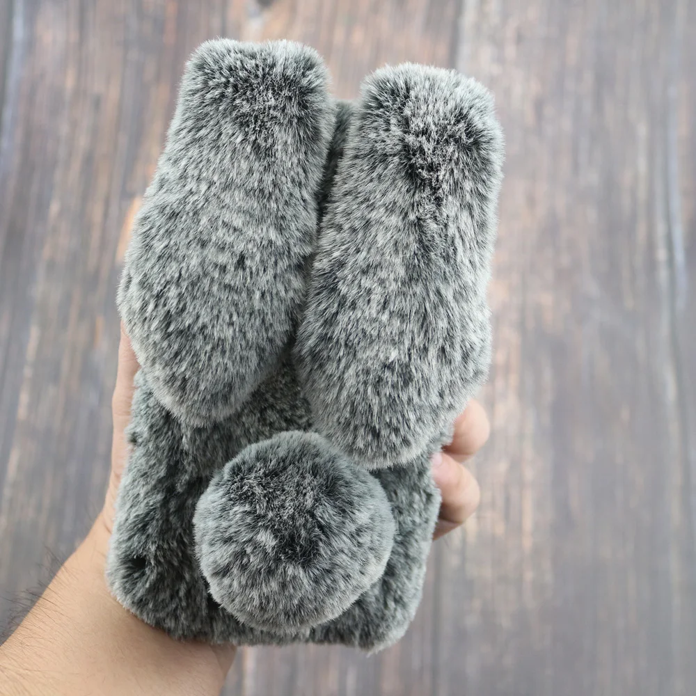 KIPX1033DG_1_For iPhone 7 8 Case 3D Rabbit Hairy Warm Winter Fur Bling Rhinestone Plush Bunny Cover Case for iPhone XS XR 5 5S SE 6S 7P 8 Plus