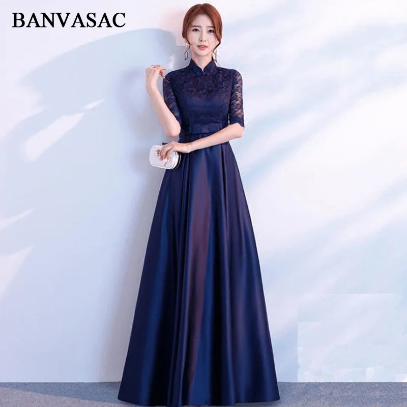 

BANVASAC 2018 Vintage High Neck Lace Embroidery Long Evening Dresses Party A Line Bow Sash Half Sleeve Prom Gowns