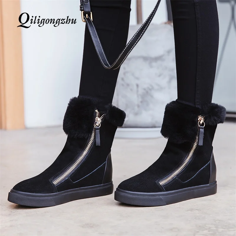 Frauen Neue pink Warme Stiefel Kuh Wildleder Winter Black Weibliche Lammfell 2019 Pelz Frau Flache Stiefeletten Wolle Mischung Schnee Schuhe vU4vqr