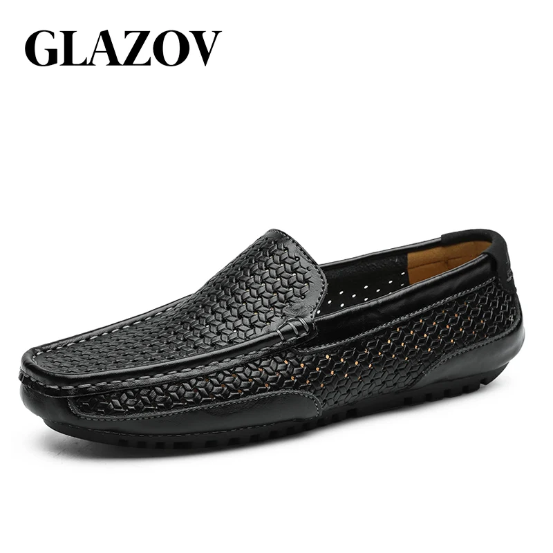 

GLAZOV Summer Men Shoes Casual Luxury Brand Genuine Leather Mens Loafers Moccasins Italian Breathable Slip on Boat Shoes Black