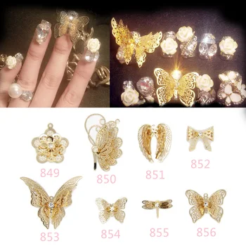 

Japan Style 10pcs 3D Champagne Butterfly Flower Charm Decorations Glitter Alloy Metal Jewelry Rhinestones For Nail Art Studs