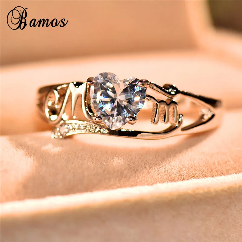 Luxury Female Love Heart Ring Romantic MOM Letter Engagement Ring Mother's Day Gift 925 Sterling Silver Wedding Rings For Women