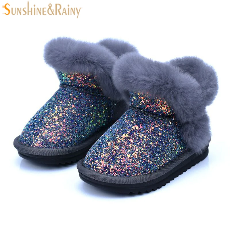 2017 Winter New Children's Snow Boots With Fur Sequins Kids Rubber Warm Non-slip Shoes Princess Baby Girls Leather | Детская одежда