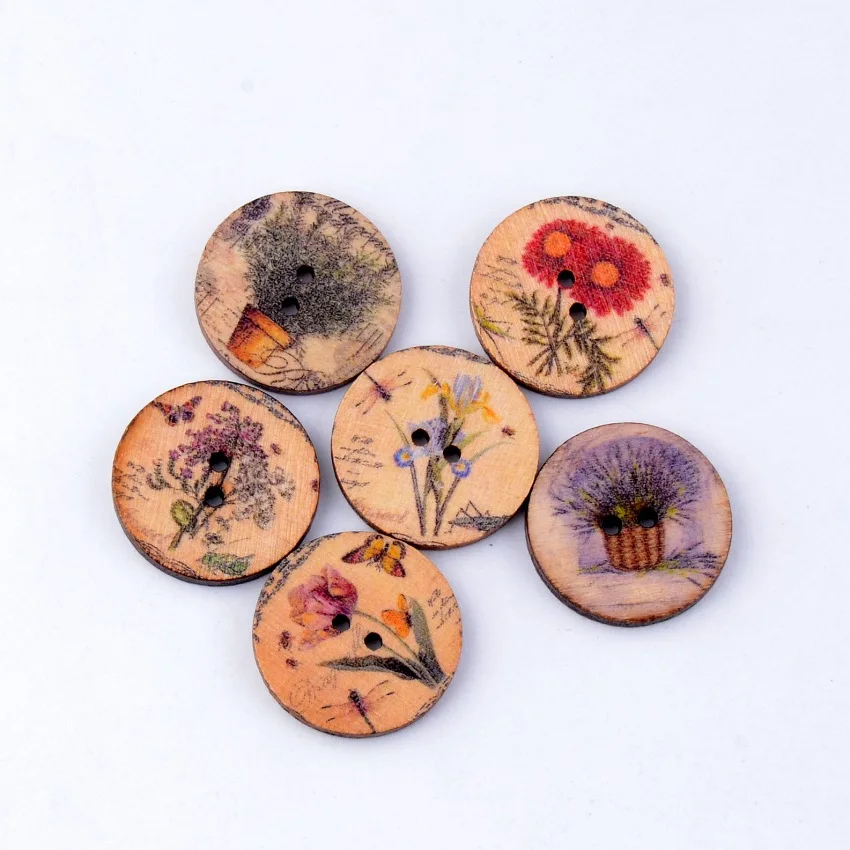 

Free Shipping Retail 30Pcs Random Mixed 2 Holes Round 25mm Flower Pattern Wood Sewing Buttons Back Natural Scrapbooking F0062