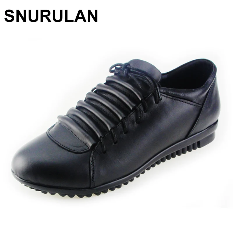 

SNURULAN Spring\Autumn Brand Genuine Leather Flat Women Shoes Lace-Up Black Brown Pleated Non-Slip Comfortable Shoes For Women