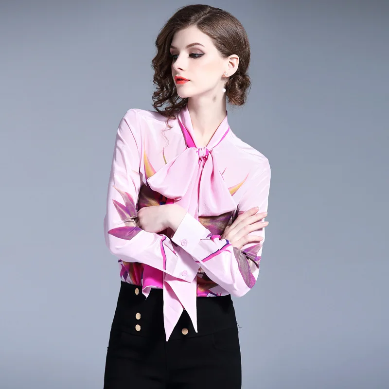 Vestidos Spring Women Blouse 2018 Runway Fashion Print Flowers Bow Plplin Long Sleeve Work Wear Lapel Collar Shirts