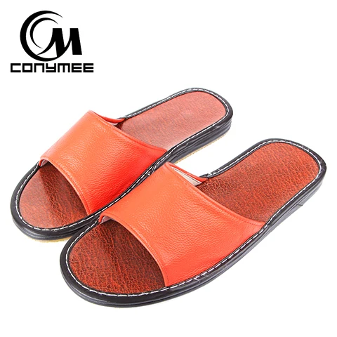 CONYMEE/Летняя обувь из натуральной кожи; ; женские кроссовки на плоской подошве; кожаные сандалии; нескользящие домашние тапочки для мужчин и женщин; вьетнамки - Цвет: QPT-LX Orange