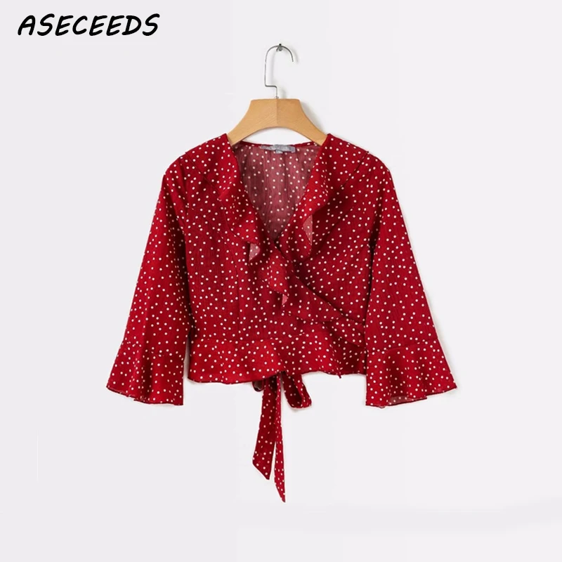 

2018 Autumn blouse women cross V neck floral wrap blouses sweet ruffles buttons flare sleeve shirt ladies casual tops blusas