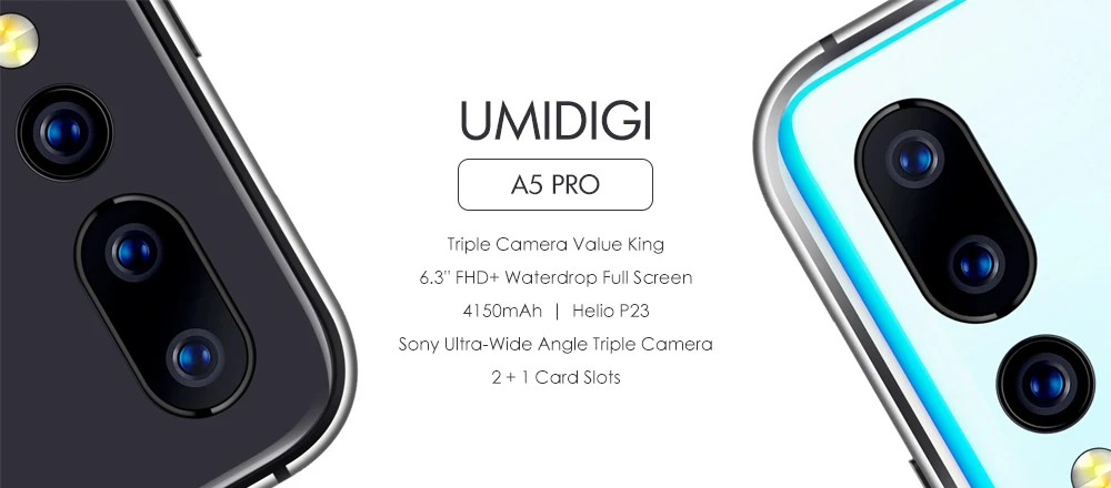 Камера заднего вида UMIDIGI A5 PRO 4G Phablet 6,3 дюймов Android 9,0 Helio P23 ARM Mali G71 MP2 700 МГц 4 Гб ram 32 ГБ rom 16,0 Мп+ 8,0 МП+ 5,0 МП