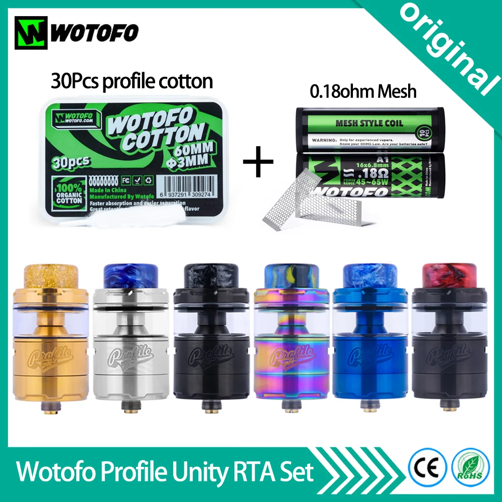 

Original Wotofo Profile Unity RTA Tank 25mm RTA Atomizer With 10Pcs 6mm Profile Cotton 10Pcs 0.18ohm A1 Mesh Vape Tank For 510