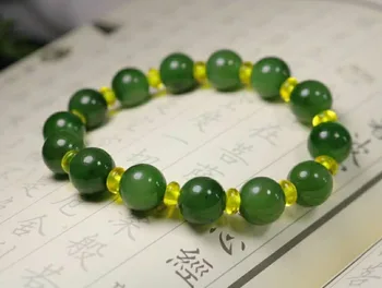 

Hetian Biyu exquisite bracelet, ice spinach green, beads full and round/