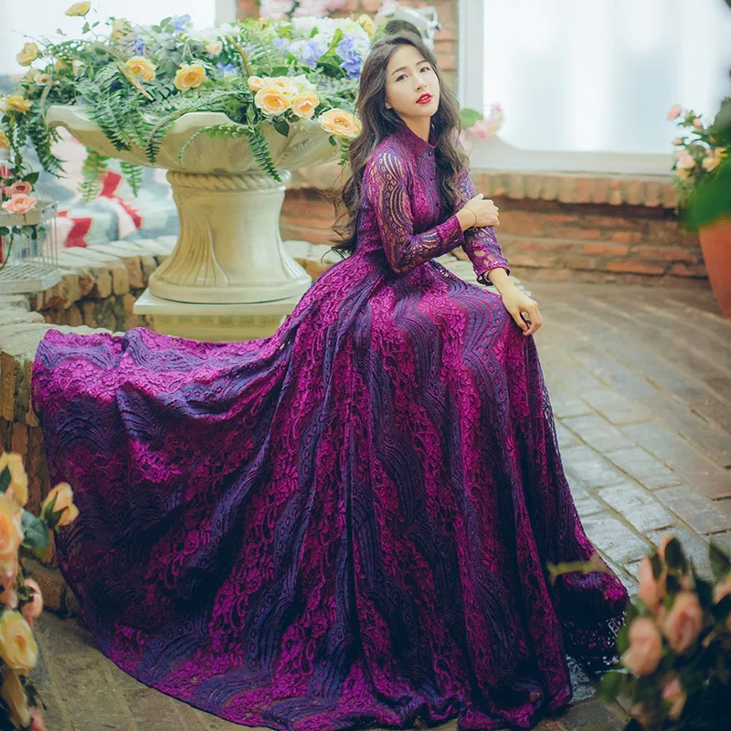

2018 New Spring Fashion Purple Hollow Out Lace Dress Elegant Ladies Vintage Ultra Long Formal Dress Women's Floor-length Dress
